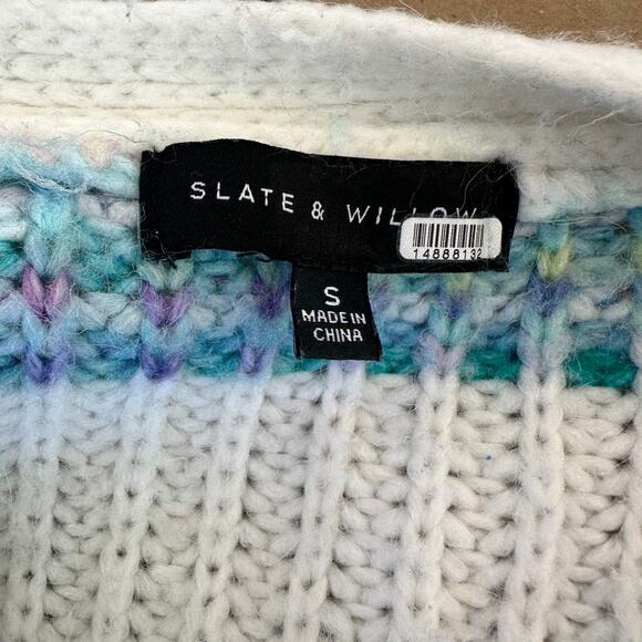 Slate & Willow White Teal Striped Oversized Cardigan Sweater SMALL Cropped $125 - Picture 10 of 10